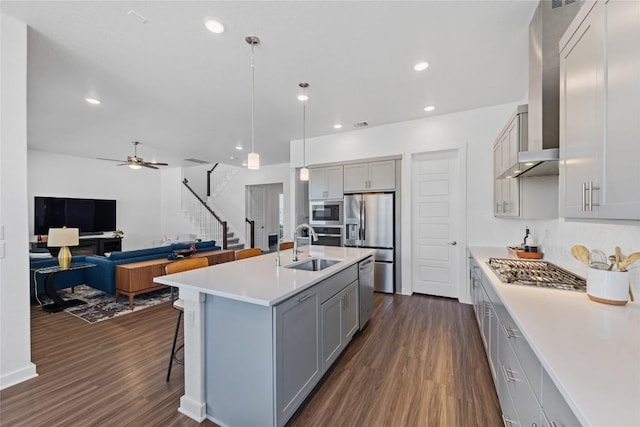 1209 Willie Ranch Way, Leander, TX 78641 - kitchen with appliances with stainless steel finishes, wall chimney range hood, gray cabinetry, a sink, and recessed lighting