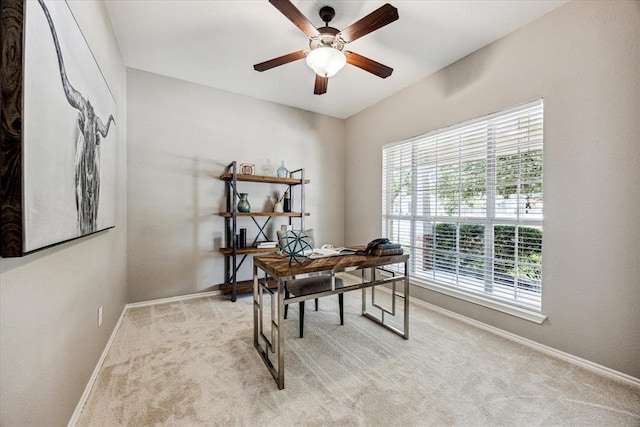 1606 Belvedere Pl, Round Rock, TX 78665 - home office featuring baseboards, light colored carpet, and ceiling fan