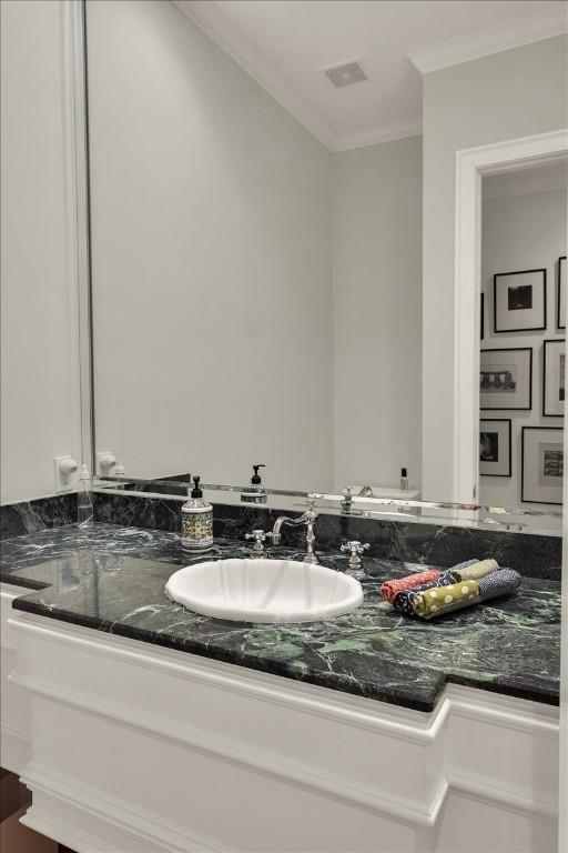 3208 Rain Dance Cv, Austin, TX 78746 - bathroom featuring vanity and ornamental molding