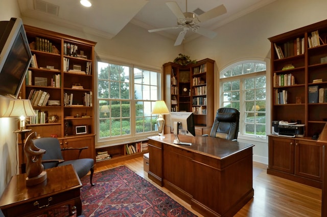 3208 Rain Dance Cv, Austin, TX 78746 - office space with ceiling fan, light wood-type flooring, and ornamental molding