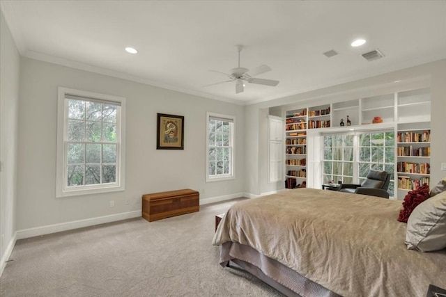 3208 Rain Dance Cv, Austin, TX 78746 - carpeted bedroom with multiple windows, ornamental molding, recessed lighting, and a ceiling fan