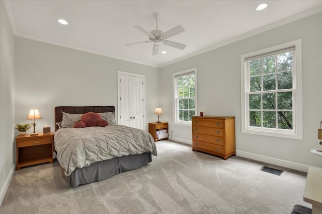 3208 Rain Dance Cv, Austin, TX 78746 - carpeted bedroom featuring recessed lighting, ornamental molding, ceiling fan, and a closet
