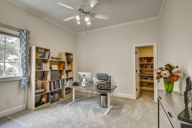 3208 Rain Dance Cv, Austin, TX 78746 - home office featuring a ceiling fan, carpet flooring, and crown molding