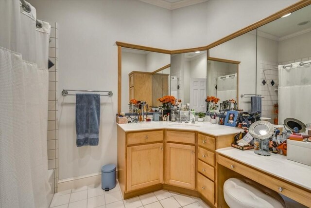 3208 Rain Dance Cv, Austin, TX 78746 - bathroom with crown molding, tile patterned floors, vanity, and shower / bathtub combination with curtain