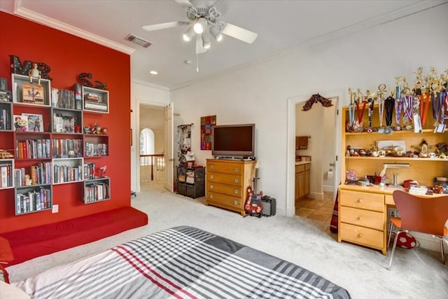 3208 Rain Dance Cv, Austin, TX 78746 - carpeted bedroom featuring crown molding, an office area, ensuite bath, and ceiling fan