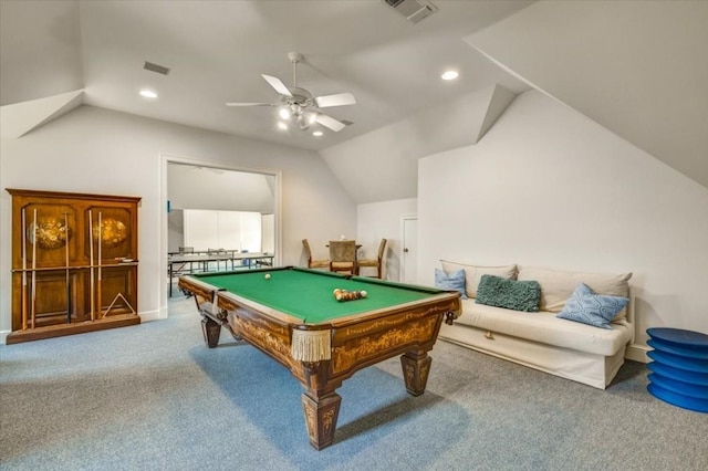3208 Rain Dance Cv, Austin, TX 78746 - game room with vaulted ceiling, carpet flooring, ceiling fan, billiards table, and recessed lighting