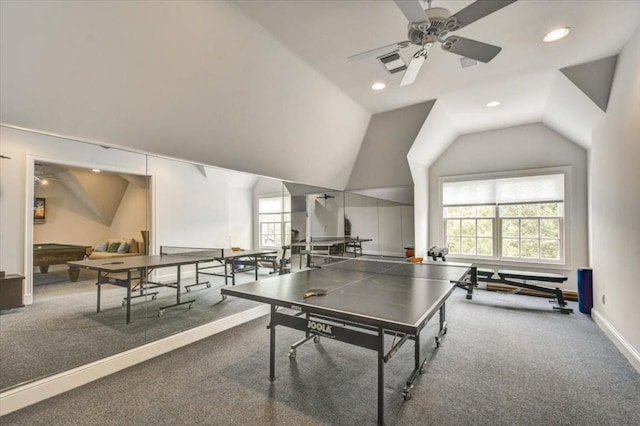 3208 Rain Dance Cv, Austin, TX 78746 - game room featuring ceiling fan, plenty of natural light, carpet floors, recessed lighting, and lofted ceiling