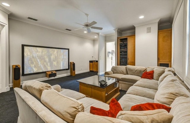 3208 Rain Dance Cv, Austin, TX 78746 - cinema room with dark carpet, recessed lighting, a ceiling fan, and ornamental molding