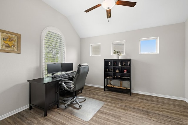 608 Roaming Dr, Hutto, TX 78634 - office featuring wood finished floors, ceiling fan, and lofted ceiling
