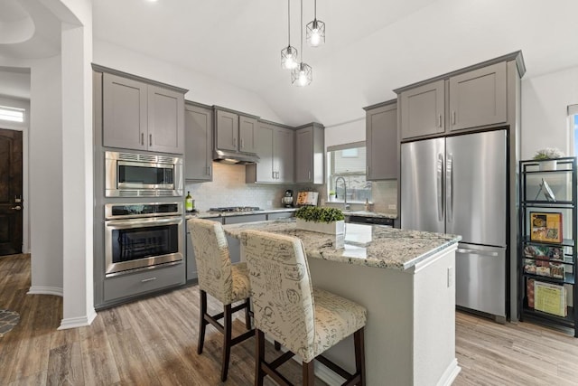 608 Roaming Dr, Hutto, TX 78634 - kitchen with appliances with stainless steel finishes, gray cabinets, light stone countertops, under cabinet range hood, and tasteful backsplash