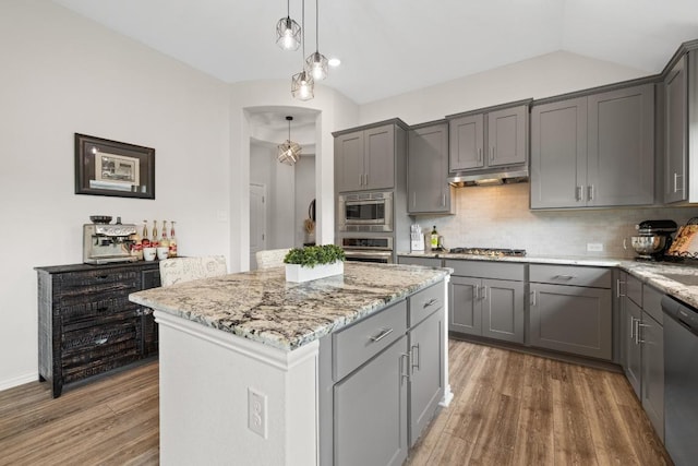 608 Roaming Dr, Hutto, TX 78634 - kitchen featuring gray cabinetry, stainless steel appliances, wood finished floors, under cabinet range hood, and light stone countertops
