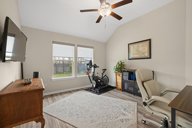 608 Roaming Dr, Hutto, TX 78634 - home office featuring a ceiling fan, wood finished floors, and lofted ceiling