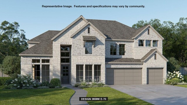 1525 Jolie Rose Bnd, Leander, TX 78641 - french country style house featuring a front lawn, driveway, stone siding, and roof with shingles