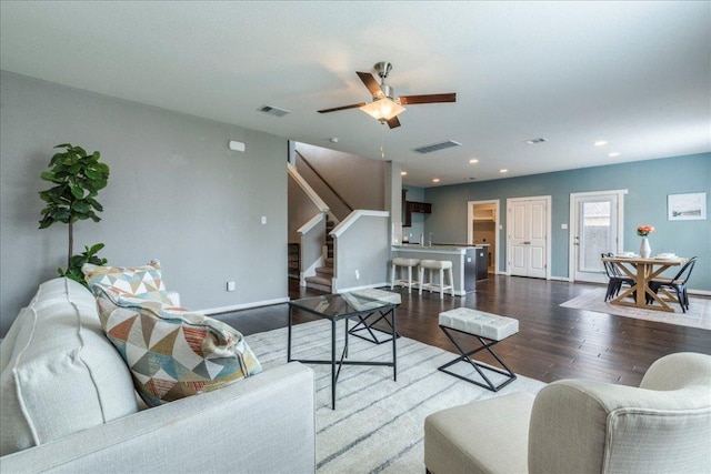 109 Pine Is, Leander, TX 78641 - living room with stairs, dark wood-style flooring, a ceiling fan, and recessed lighting