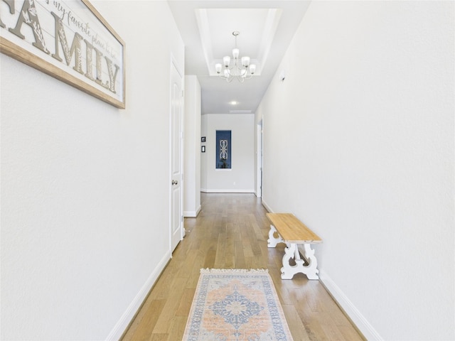 1150 Modoc Way, Kyle, TX 78640 - corridor featuring a chandelier, light wood-style flooring, a raised ceiling, and baseboards