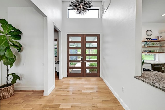 9206 Chisholm Ln, Austin, TX 78748 - entryway featuring french doors, light wood-style flooring, plenty of natural light, baseboards, and a towering ceiling