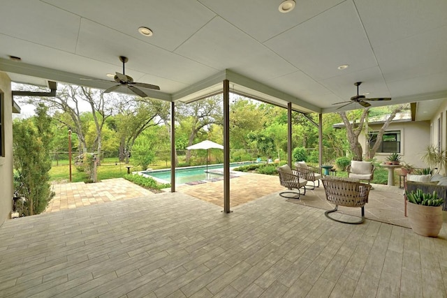 9206 Chisholm Ln, Austin, TX 78748 - fenced backyard featuring a ceiling fan, an outdoor pool, a patio area, and an outdoor living space