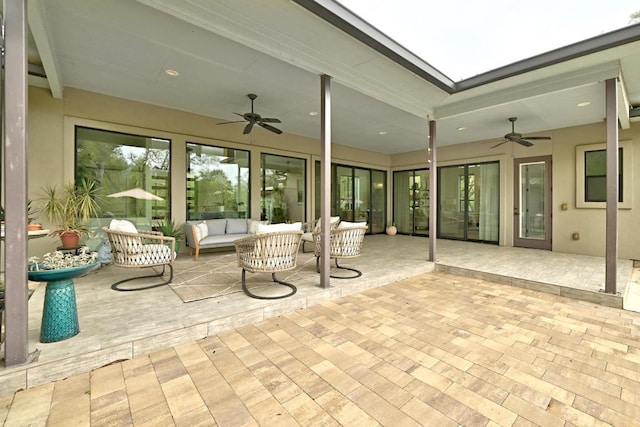 9206 Chisholm Ln, Austin, TX 78748 - view of patio / terrace with ceiling fan, an outdoor hangout area, and french doors
