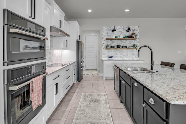 109 Spice Bush Spgs, Leander, TX 78641 - kitchen featuring a sink, black appliances, open shelves, white cabinetry, and decorative backsplash
