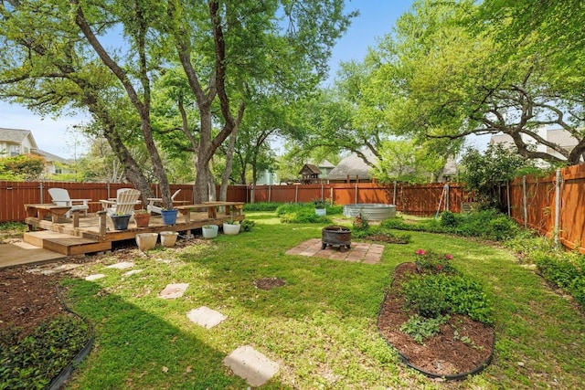 8410 Glen Canyon Dr, Round Rock, TX 78681 - fenced backyard featuring an outdoor fire pit and a wooden deck