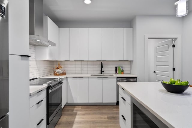 kitchen featuring modern cabinets, wall chimney exhaust hood, appliances with stainless steel finishes, and a sink