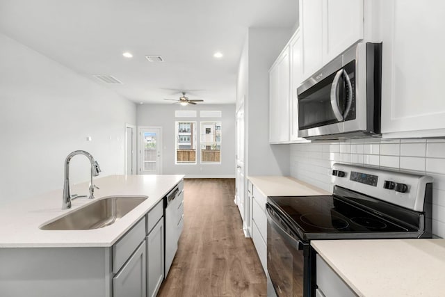 2201 Cento Walk Unit 70, Round Rock, TX 78664 - kitchen with stainless steel appliances, a sink, wood finished floors, tasteful backsplash, and a ceiling fan