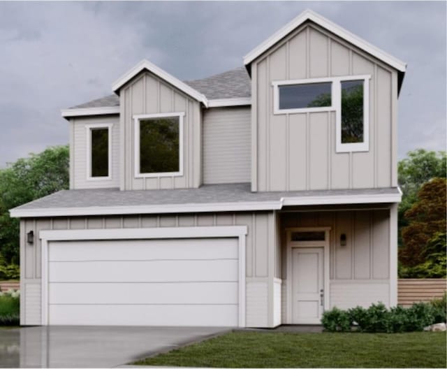 2201 Cento Walk Unit 70, Round Rock, TX 78664 - view of front of property featuring a shingled roof, board and batten siding, a garage, driveway, and a front lawn