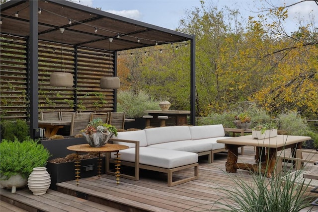 2700 Stratford Dr, Austin, TX 78746 - wooden terrace featuring an outdoor hangout area and a pergola
