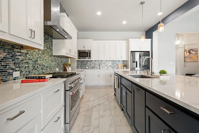 2421 High Lonesome, Leander, TX 78641 - kitchen with white cabinets, a sink, wall chimney exhaust hood, marble finish floor, and stainless steel appliances