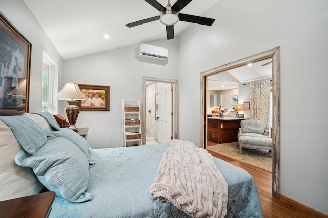 bedroom featuring a wall mounted air conditioner, ceiling fan, wood finished floors, recessed lighting, and lofted ceiling