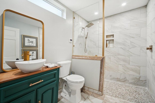 full bathroom featuring toilet, a walk in shower, and vanity