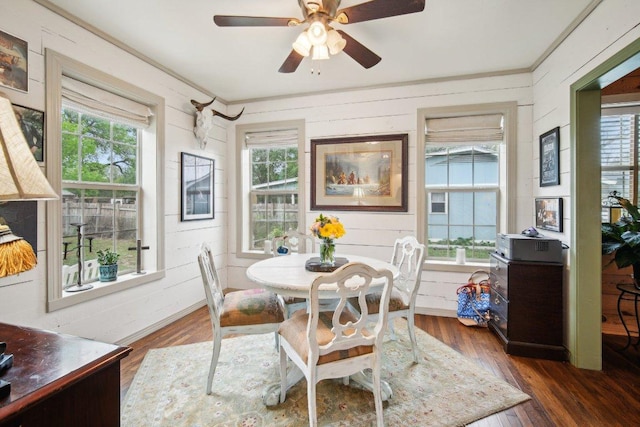 dining space with wooden walls, a ceiling fan, and dark wood finished floors