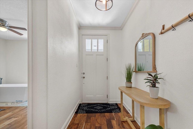 2608 Lightfoot Trl, Austin, TX 78745 - entryway with wood finished floors, ornamental molding, ceiling fan, and baseboards