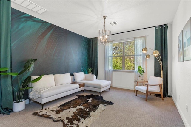 2608 Lightfoot Trl, Austin, TX 78745 - living area with carpet floors, a chandelier, baseboards, and an accent wall