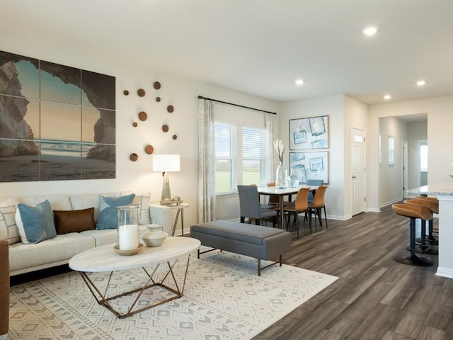 1850 Settlers Glen Dr Unit 601, Round Rock, TX 78665 - living room featuring baseboards, recessed lighting, and dark wood-style flooring