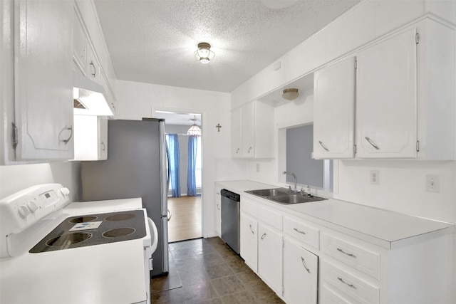 kitchen with light countertops, white cabinets, white electric range, dishwasher, and a sink