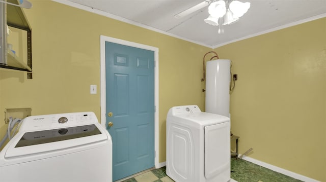 washroom featuring washer / clothes dryer, laundry area, ornamental molding, and a ceiling fan