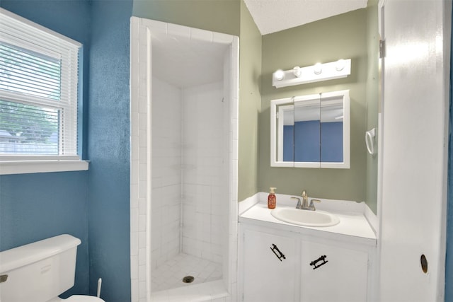 full bath featuring toilet, vanity, and a stall shower