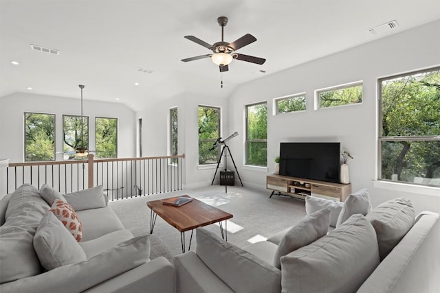1213 Silver Dollar Trl, Georgetown, TX 78628 - living area with ceiling fan, carpet flooring, recessed lighting, and lofted ceiling
