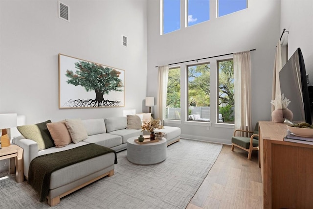 1213 Silver Dollar Trl, Georgetown, TX 78628 - living area with a towering ceiling, wood finished floors, and baseboards