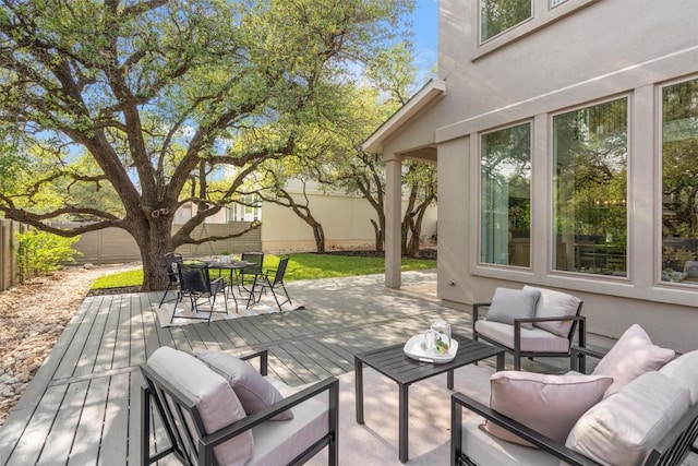 1213 Silver Dollar Trl, Georgetown, TX 78628 - wooden terrace featuring outdoor lounge area, a fenced backyard, and outdoor dining area