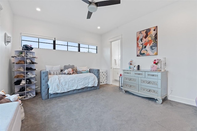 108 Fishspear Ln, Georgetown, TX 78628 - carpeted bedroom featuring multiple windows, a ceiling fan, connected bathroom, recessed lighting, and baseboards