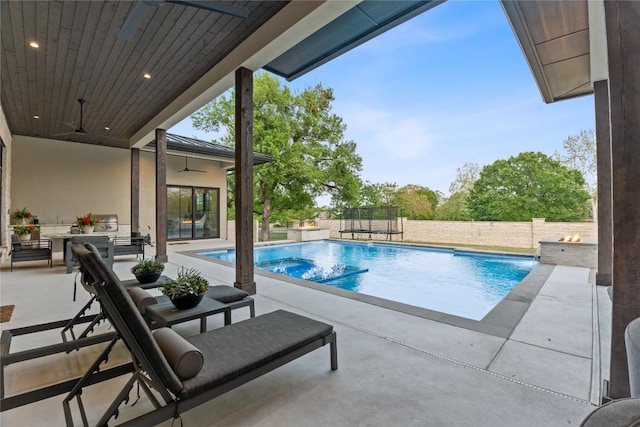 108 Fishspear Ln, Georgetown, TX 78628 - view of swimming pool with a patio, a fenced backyard, and a ceiling fan