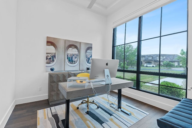 108 Fishspear Ln, Georgetown, TX 78628 - office area featuring plenty of natural light, baseboards, a towering ceiling, and wood finished floors