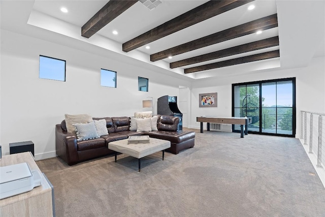 108 Fishspear Ln, Georgetown, TX 78628 - living area featuring carpet, beam ceiling, baseboards, and recessed lighting