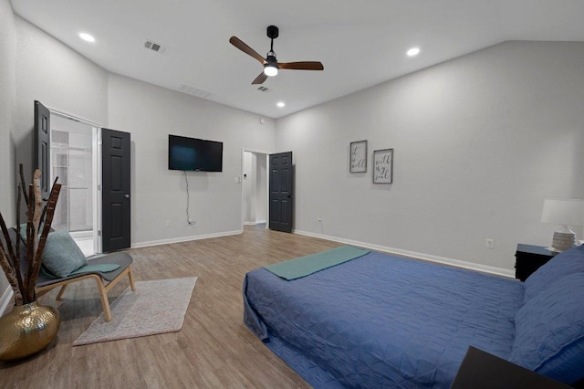 bedroom featuring baseboards, visible vents, recessed lighting, and wood finished floors