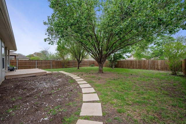 view of yard with a fenced backyard and a deck