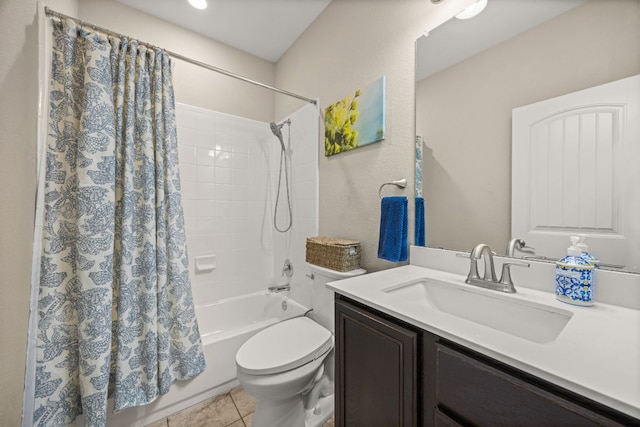 30336 Tiger Woods Dr, Georgetown, TX 78628 - full bathroom with vanity, shower / tub combo with curtain, and tile patterned flooring