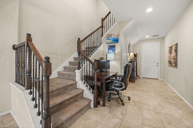 30336 Tiger Woods Dr, Georgetown, TX 78628 - home office with baseboards, recessed lighting, and tile patterned flooring