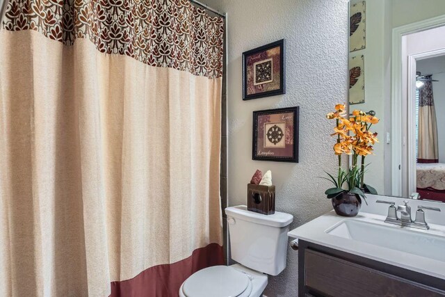 433 Stoney Point Rd, Austin, TX 78737 - bathroom featuring a textured wall, vanity, and curtained shower